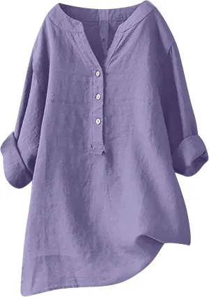 SMIDOW Linen Tops for Women Summer Plus Size Button Down Cotton Linen Shirts Long Sleeve v Neck Loose Comfy Blouse 2023
