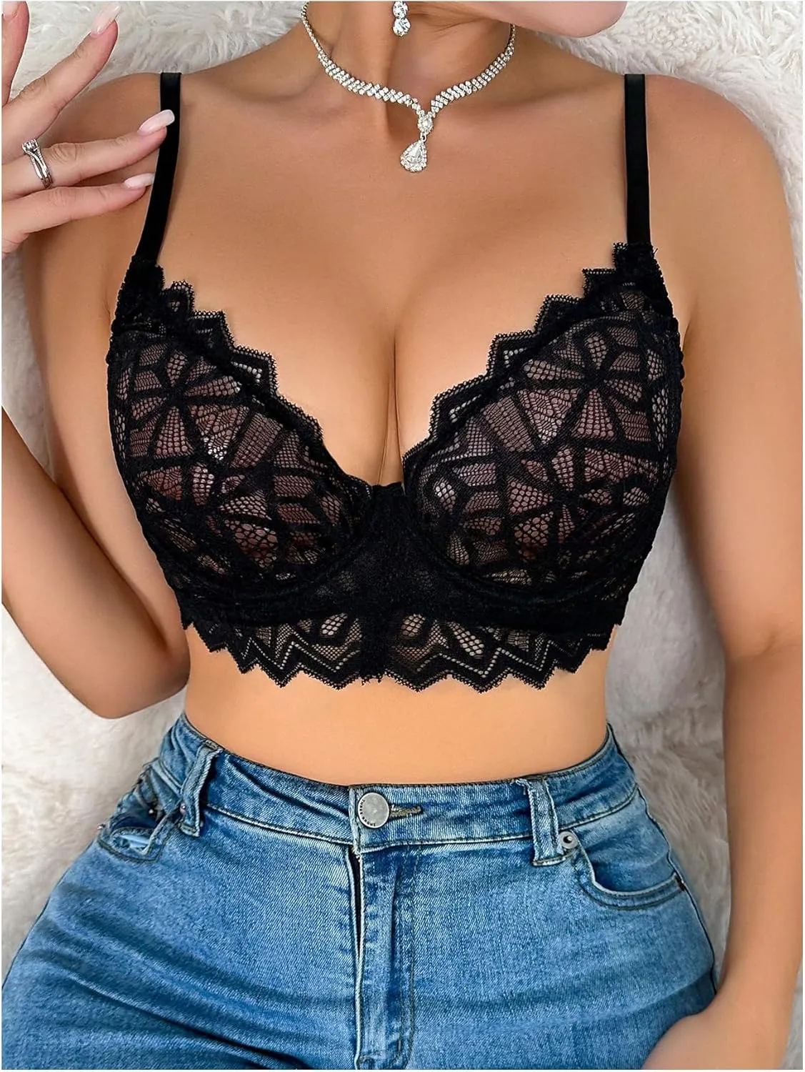 SOLY HUX Women's Push Up Underwire Bras Sexy Lace Trim See Through Bralettes