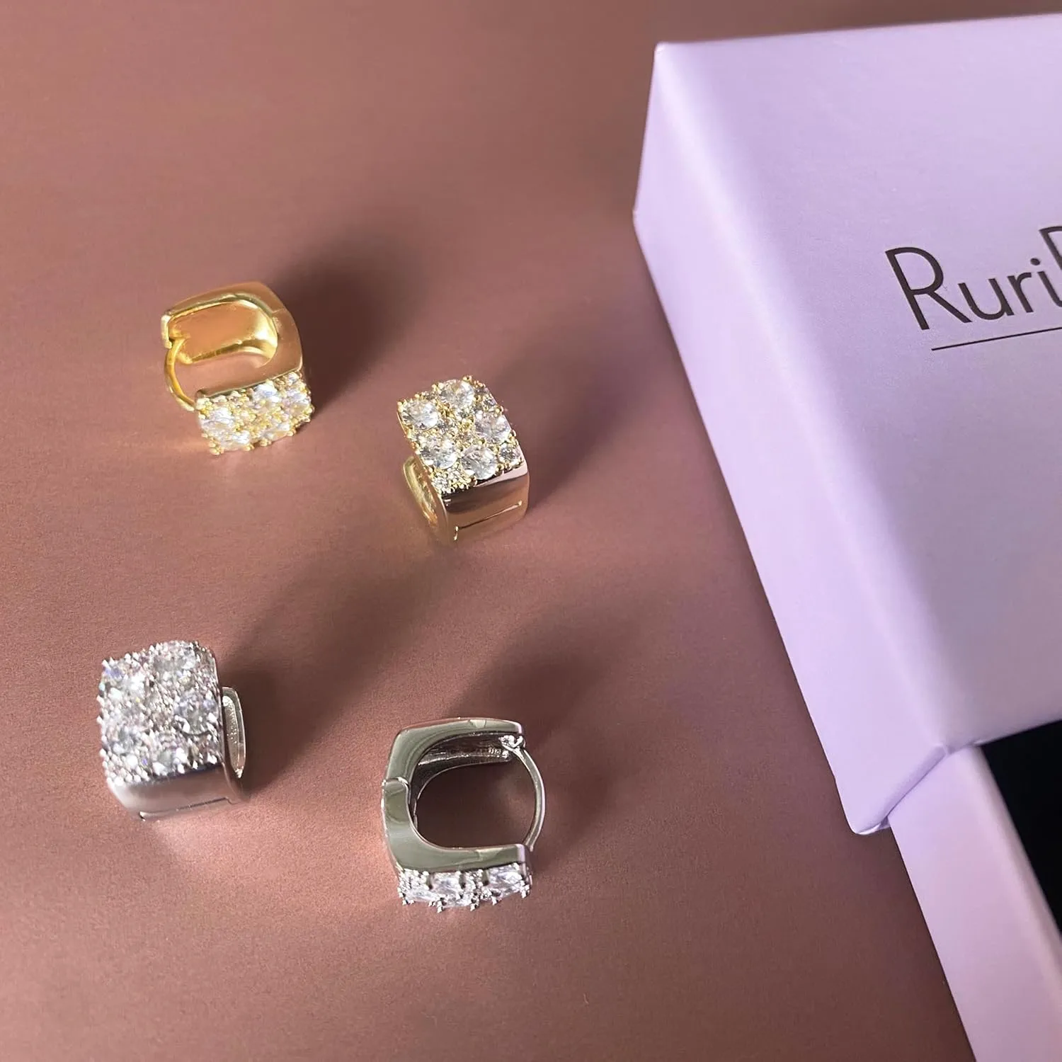 Square Sparkle Chunky Hoop Earrings Minimalist Gold Silver