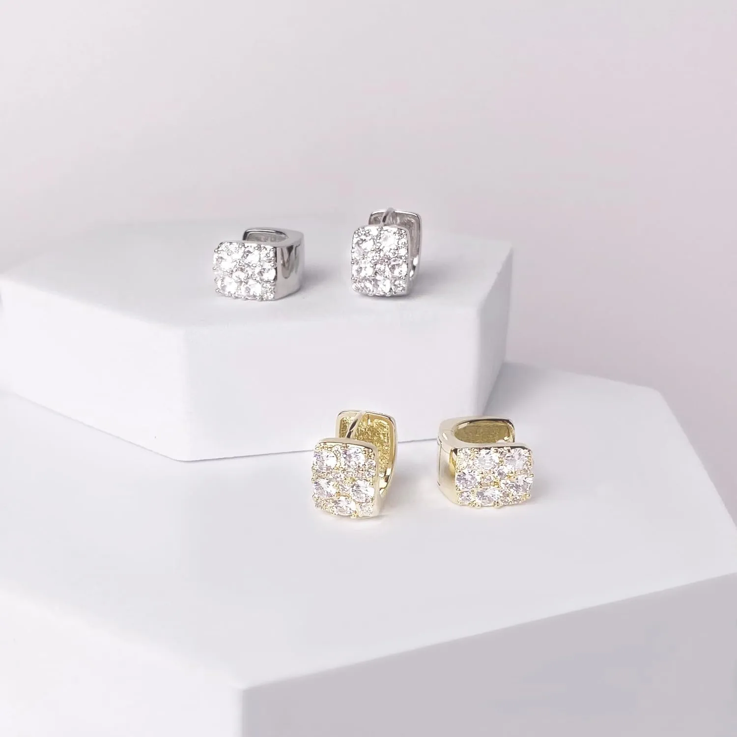 Square Sparkle Chunky Hoop Earrings Minimalist Gold Silver