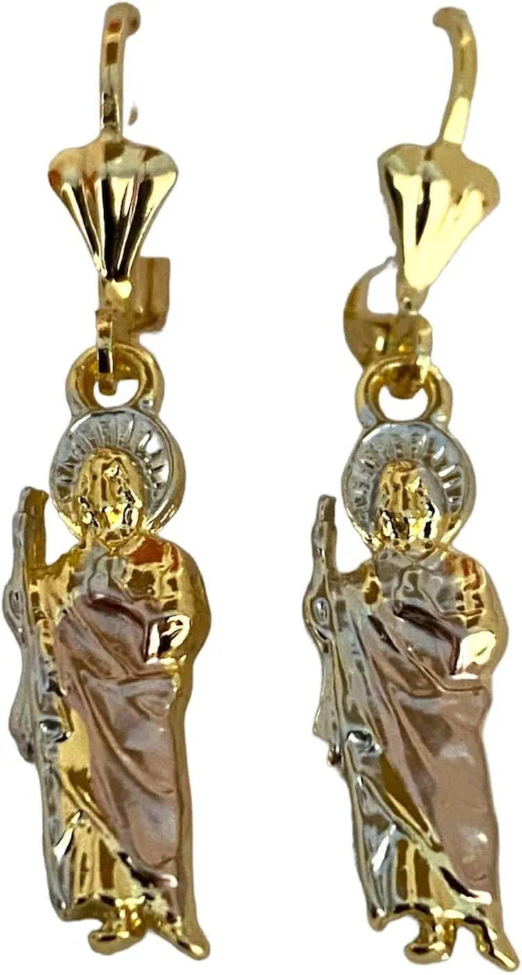 St. Jude Thaddeus Tri-Color 14K Gold Plated Earrings San Judas Aretes Oro Laminado Catholic Christian Religious Gift Women's Jewelry