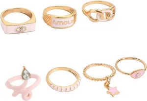 Stackable Rings for Women Gold 925 Sterling Silver Thin Thumb Women's Wedding Bands Jewelry Minimalist Gold Sterling Silver Gold Rings for Women Non Tarnish Rings Set(Pink,One Size)