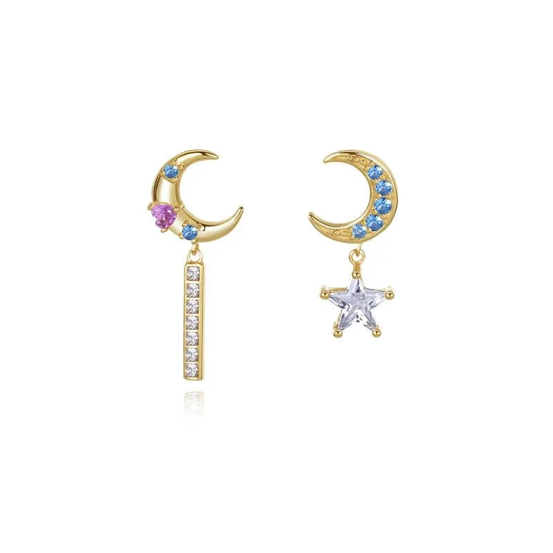 Stellar Asymmetry: 925 Sterling Silver Star Stud Earrings with Gold-Plated Zircon Drop - Asymmetric Fine Jewelry for Women