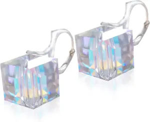 Sterling Silver 925 Drop Dice Cube Aurora Borealis Earrings with Austrian Crystals Imitation