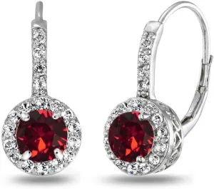 Sterling Silver Birthstone Crystal Earrings - Round Halo Leverback Huggie Dainty Dangle Drop Earrings for Women