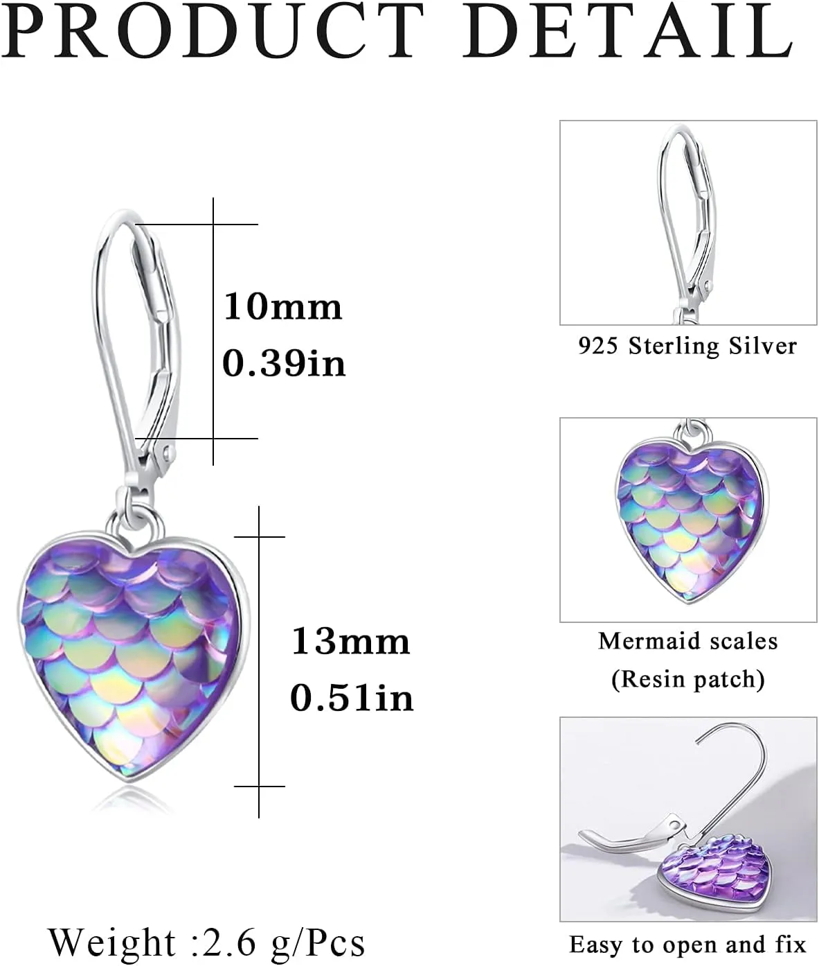 Sterling Silver Mermaid Heart Leverback Hoop Earrings - Hypoallergenic, Colorful, Mother's Day Mermaid Tail Jewelry