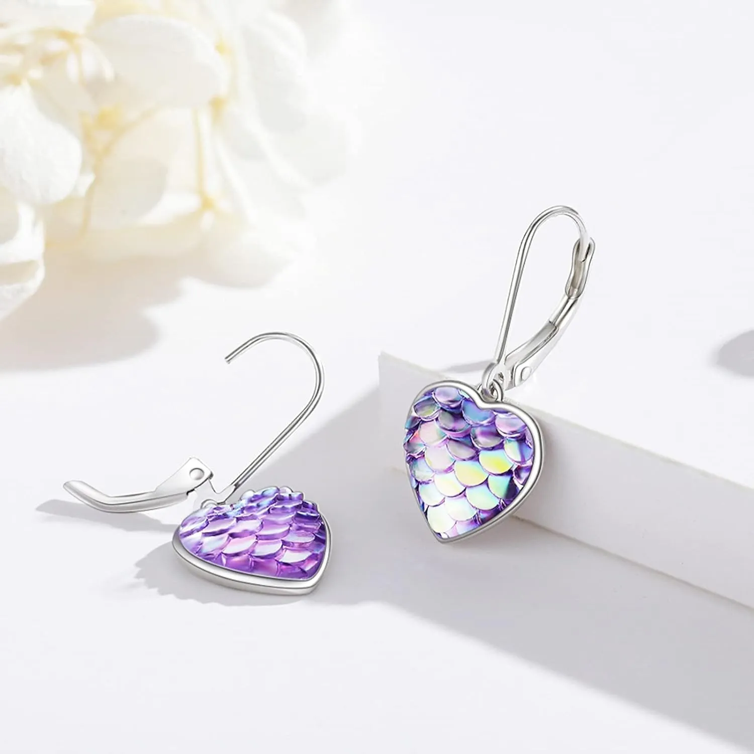Sterling Silver Mermaid Heart Leverback Hoop Earrings - Hypoallergenic, Colorful, Mother's Day Mermaid Tail Jewelry