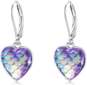Sterling Silver Mermaid Heart Leverback Hoop Earrings - Hypoallergenic, Colorful, Mother's Day Mermaid Tail Jewelry