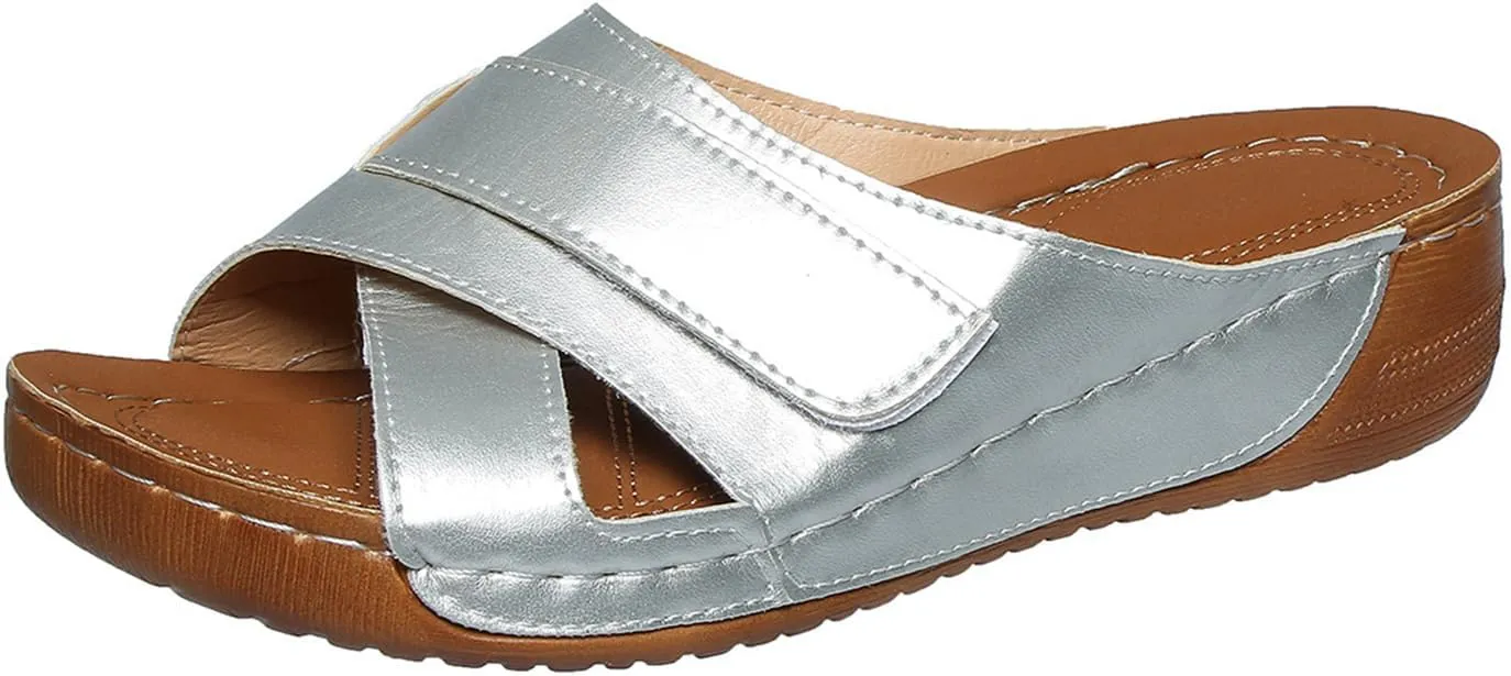 Summer Sandals for Women Comfortable Non Slip Slipper with Arch Support Spring Leather Orthopedic Sandals Slip Open Toe Flat Shoes All Day Comfort