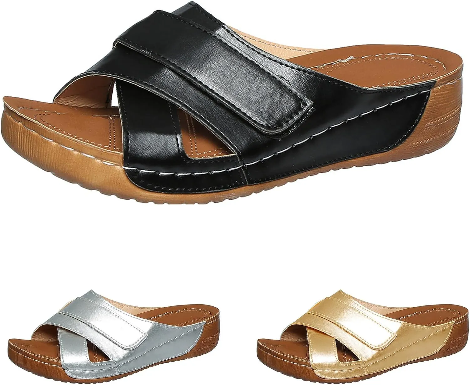 Summer Sandals for Women Comfortable Non Slip Slipper with Arch Support Spring Leather Orthopedic Sandals Slip Open Toe Flat Shoes All Day Comfort