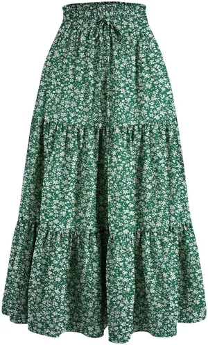 Summer Skirts for Women 2025 Floral Skirts Tiered Maxi Skirt A Line Elastic High Waisted Tie Front Ruffle Hem Skorts