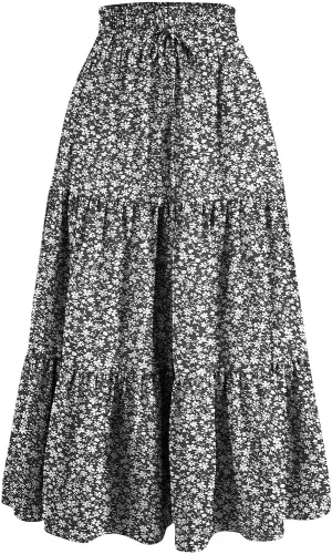 Summer Skirts for Women 2025 Floral Skirts Tiered Maxi Skirt A Line Elastic High Waisted Tie Front Ruffle Hem Skorts