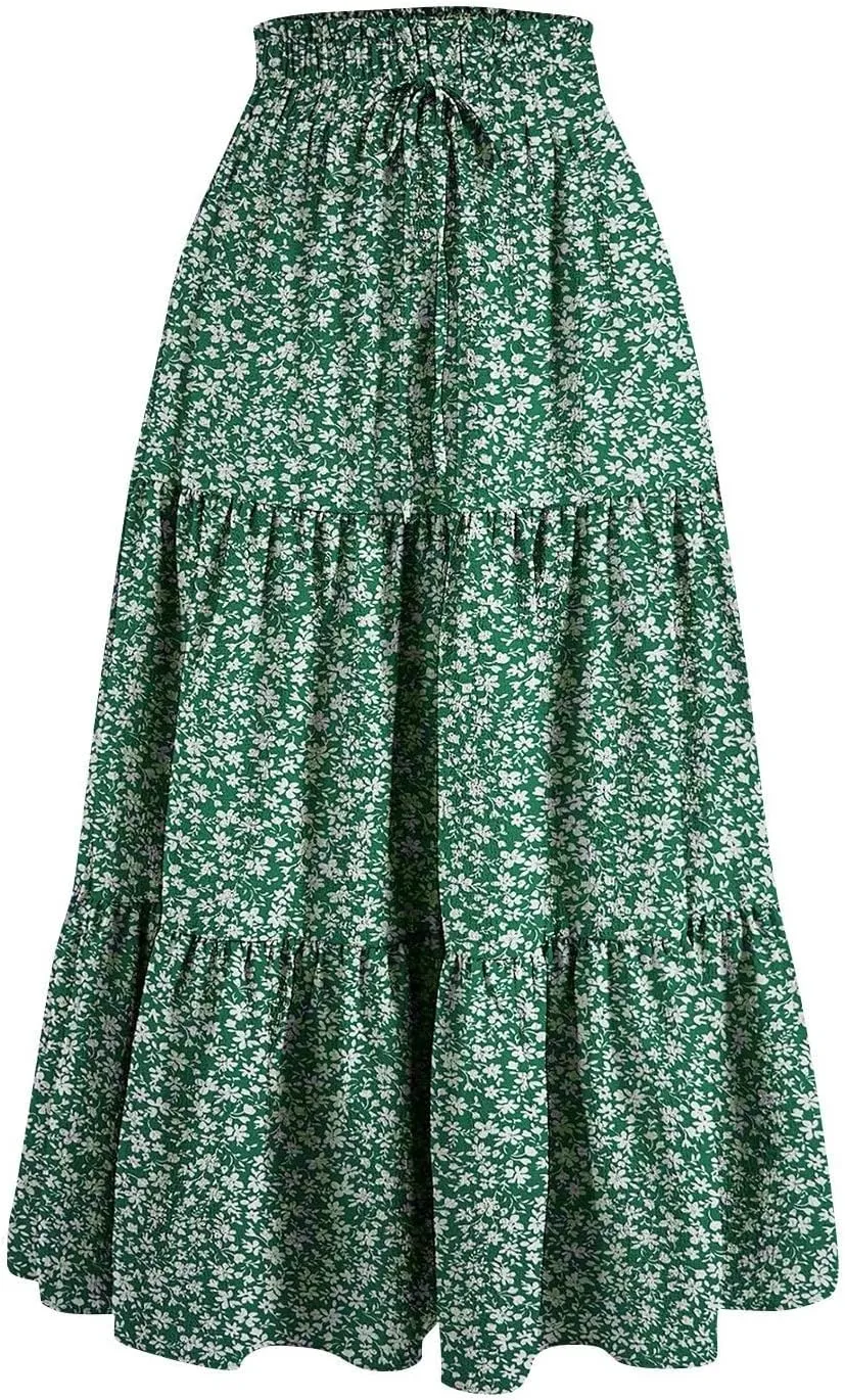 Summer Skirts for Women 2025 Floral Skirts Tiered Maxi Skirt A Line Elastic High Waisted Tie Front Ruffle Hem Skorts