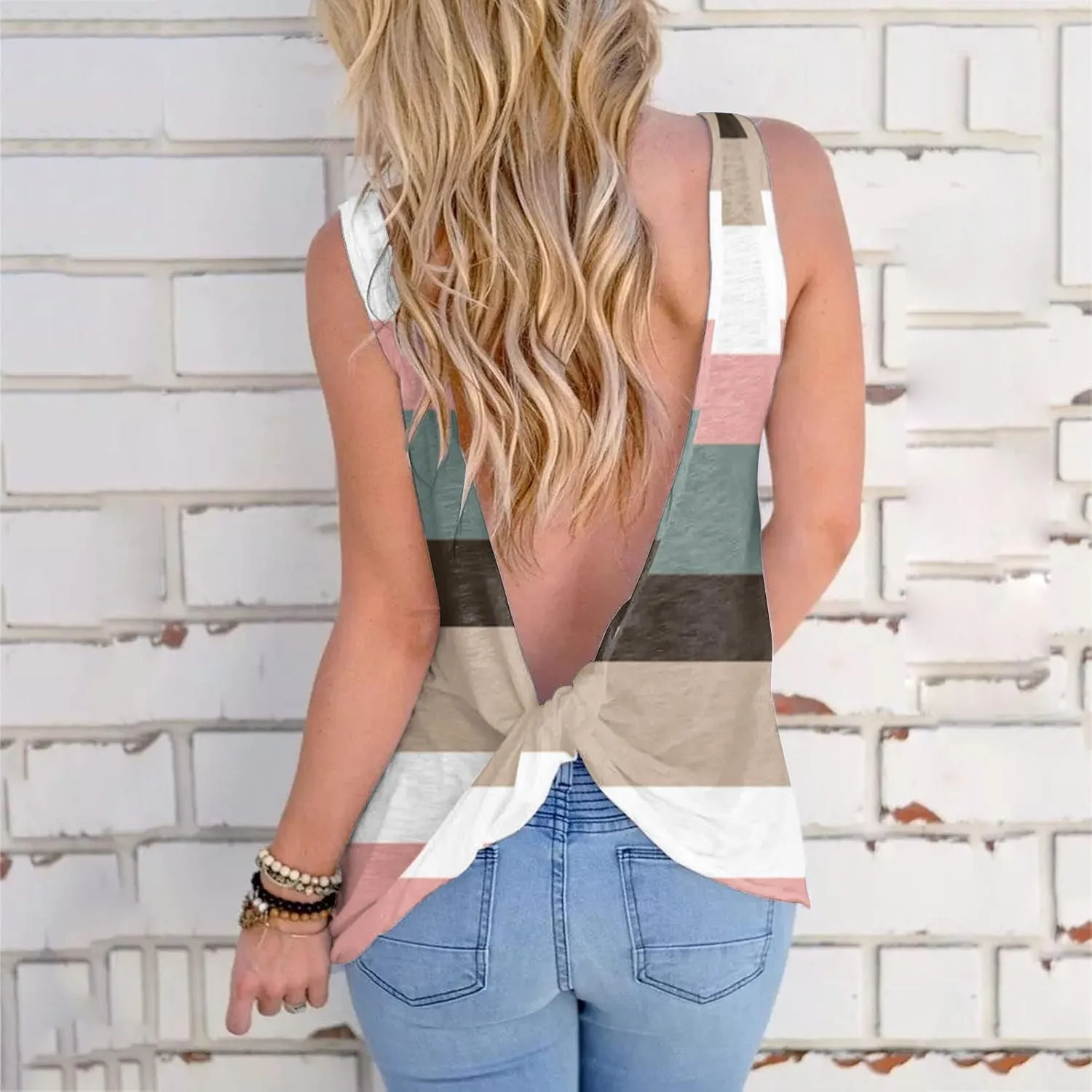 Summer Tank Tops for Women Sexy Sleeveless Open Back Shirt Casual Knotted Camisole Athletic Workout Cami Vest Top