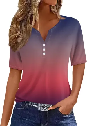 Summer Tops for Women 2025 Button V Neck Boho Short Sleeve Shirts Casual Loose Comfy Tunic Trendy Pullover