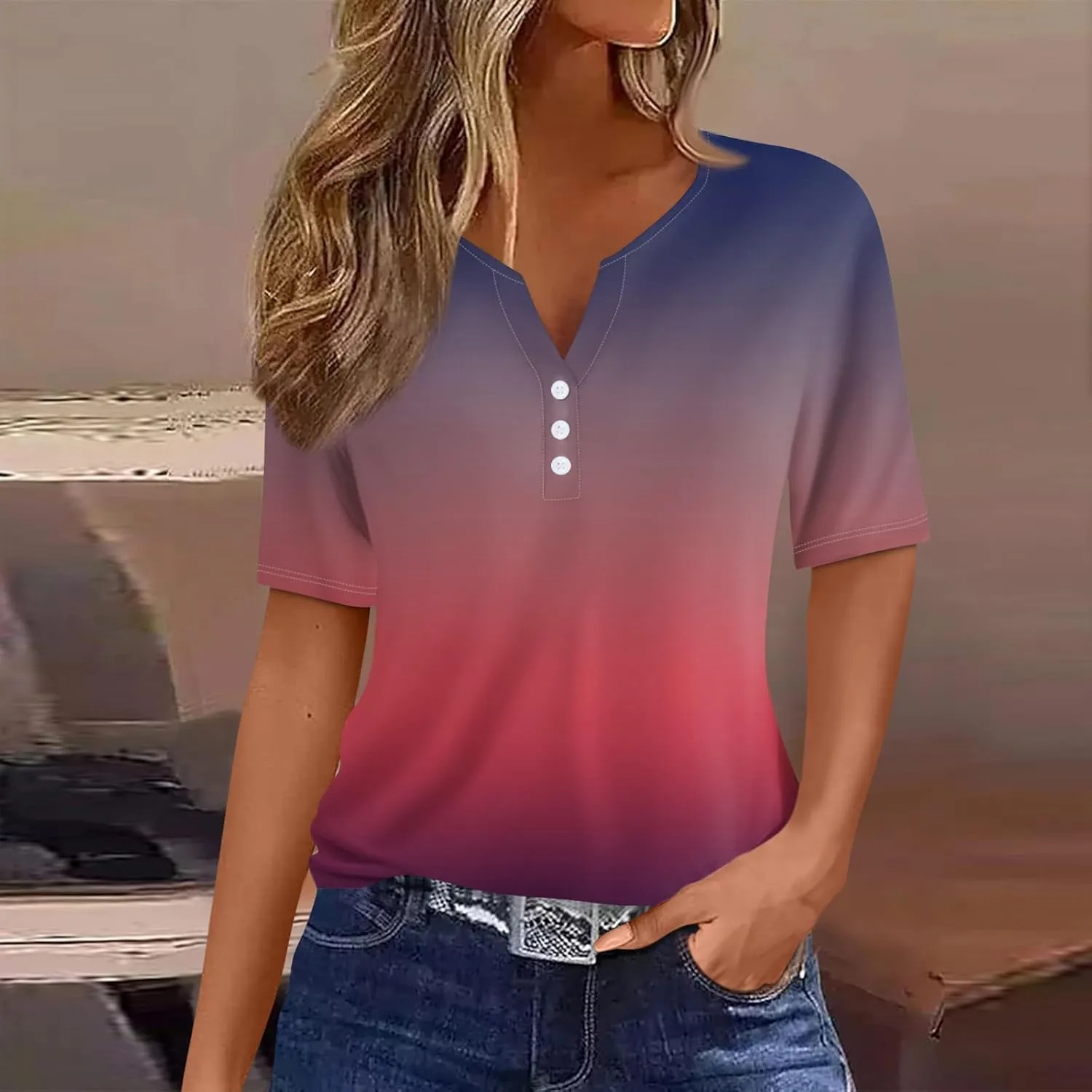 Summer Tops for Women 2025 Button V Neck Boho Short Sleeve Shirts Casual Loose Comfy Tunic Trendy Pullover