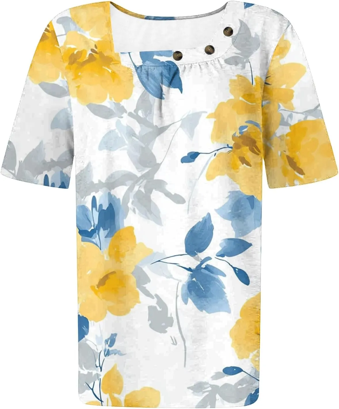 Summer Tops for Women 2025 Trendy Short Sleeve Shirt Boho Floral Tshirt Pleated Front Button Square Neck Tunic Blouse