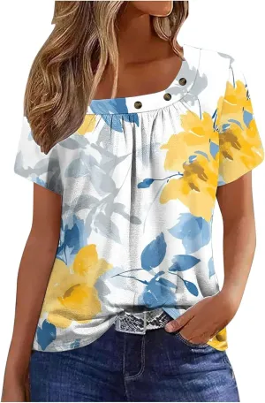 Summer Tops for Women 2025 Trendy Short Sleeve Shirt Boho Floral Tshirt Pleated Front Button Square Neck Tunic Blouse