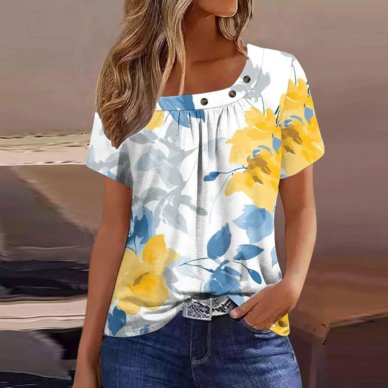 Summer Tops for Women 2025 Trendy Short Sleeve Shirt Boho Floral Tshirt Pleated Front Button Square Neck Tunic Blouse