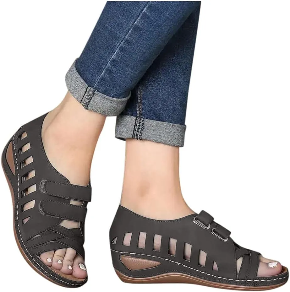 Summer Wedge Sandals for Women Arch Support Orthopedic Platform Hollow Out Open Toe Sandals Comfort Retro Roman Shoes