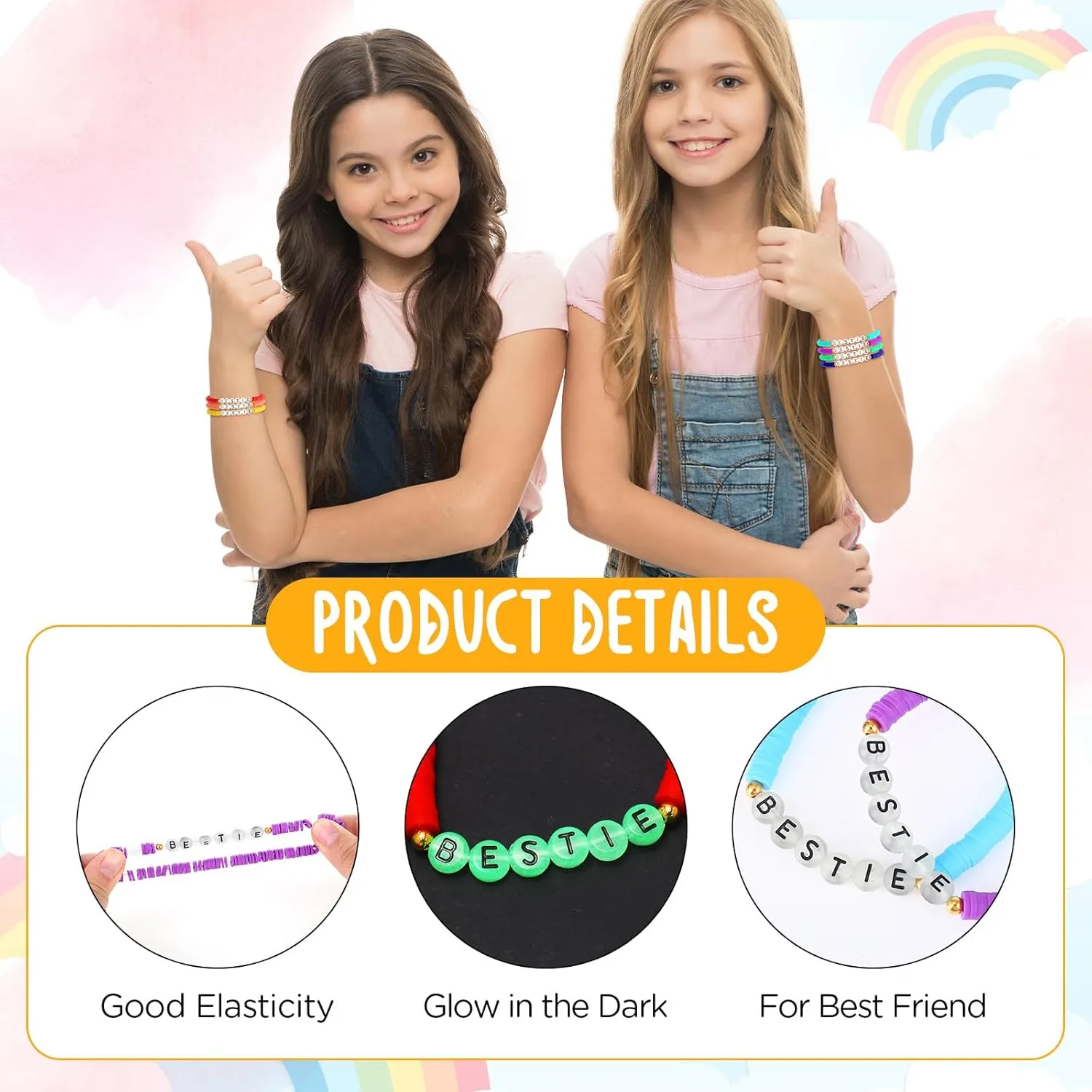 Sureio 7 Pcs Friendship Beads Bracelets Stretchy Acrylic Clay Glow Bracelets for Best Friend Girls Women, Colorful