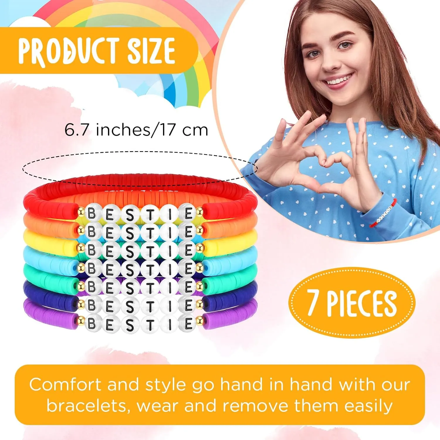 Sureio 7 Pcs Friendship Beads Bracelets Stretchy Acrylic Clay Glow Bracelets for Best Friend Girls Women, Colorful