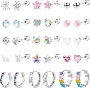 Surgical Stainless Steel Screw Back Earrings for Women Cute Heart CZ Flower Star Screwback Stud Earring Hypoallergenic Hoop Earrings Set for Sensitive Ears