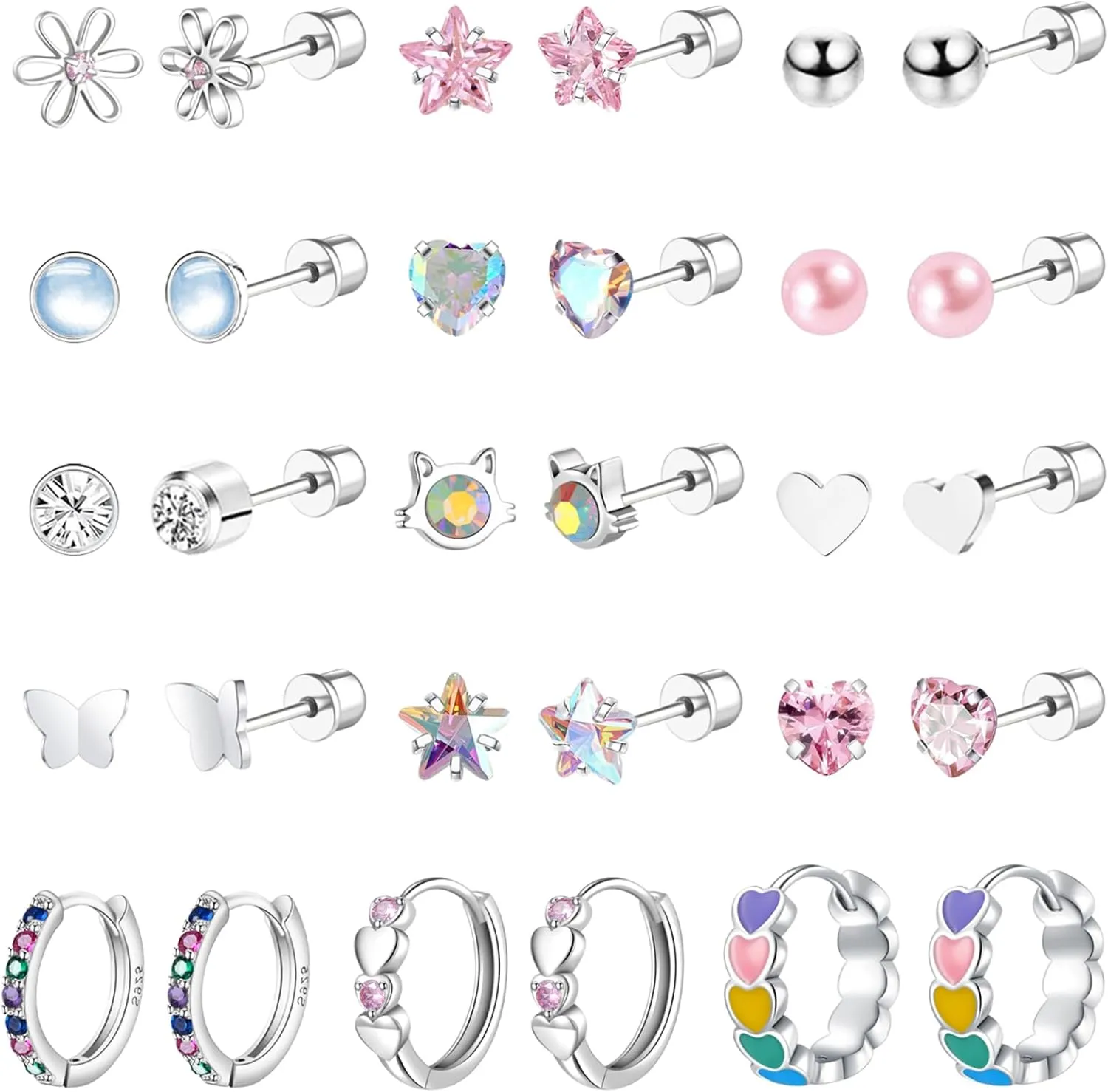 Surgical Stainless Steel Screw Back Earrings for Women Cute Heart CZ Flower Star Screwback Stud Earring Hypoallergenic Hoop Earrings Set for Sensitive Ears
