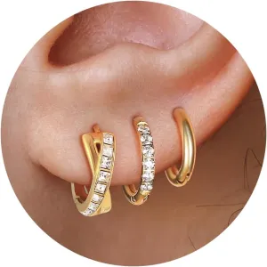 Surgical Steel Gold Hoop Earrings for Women,14K Gold Plated Small Hoop Earrings Set,Hypoallergenic Lightweight CZ Huggie Earrings, Waterproof Non tarnish, for Multiple Piercing