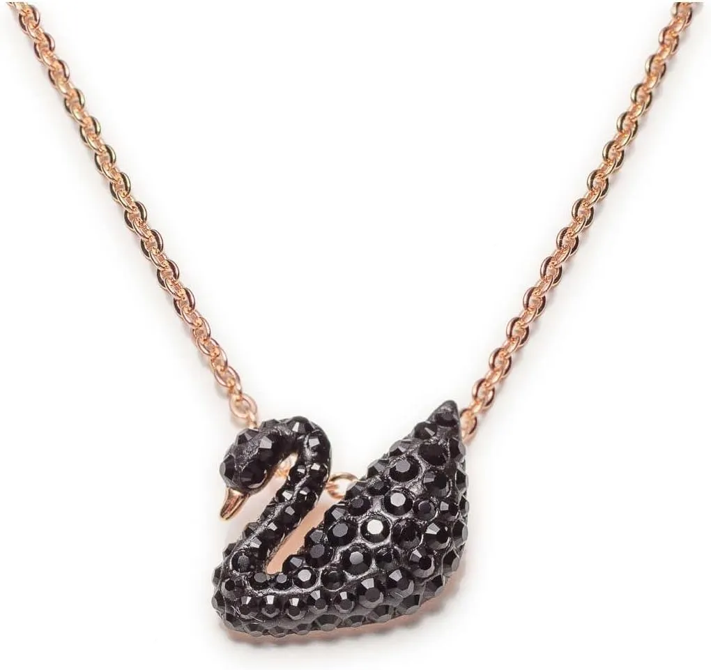 Swarovski Black Crystal Swan Pendant Necklace with Rose Gold Chain