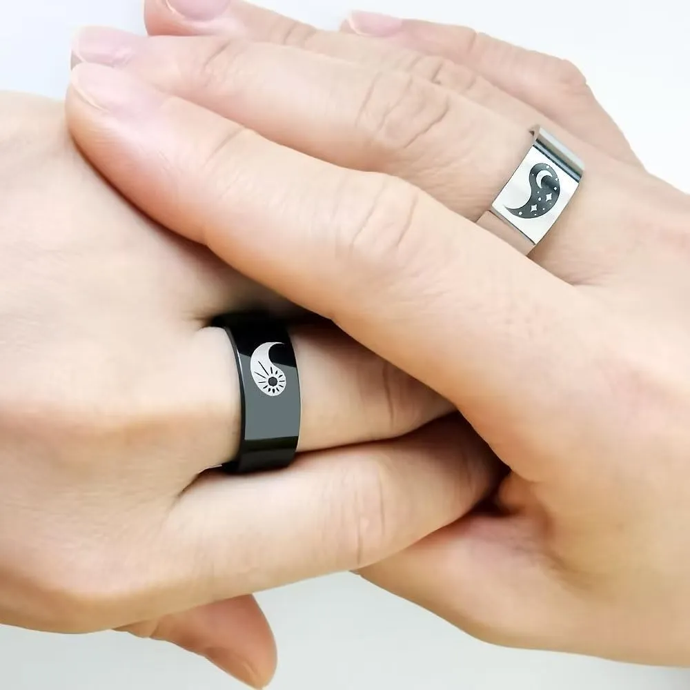 Tai Chi Yin Yang Ba Gua Balance Couple Ring for Him and Her,Sun Moon Star Ring, Anniversary Promise Wedding Bands,Stainless Steel Lovers Ring