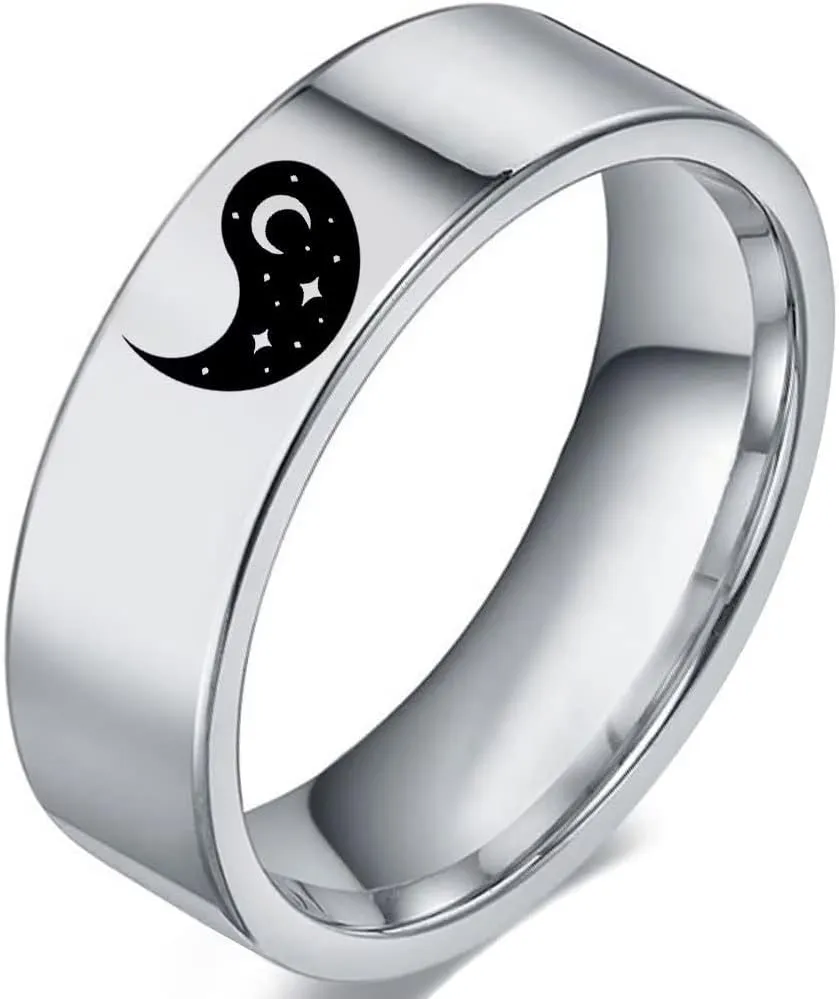 Tai Chi Yin Yang Ba Gua Balance Couple Ring for Him and Her,Sun Moon Star Ring, Anniversary Promise Wedding Bands,Stainless Steel Lovers Ring