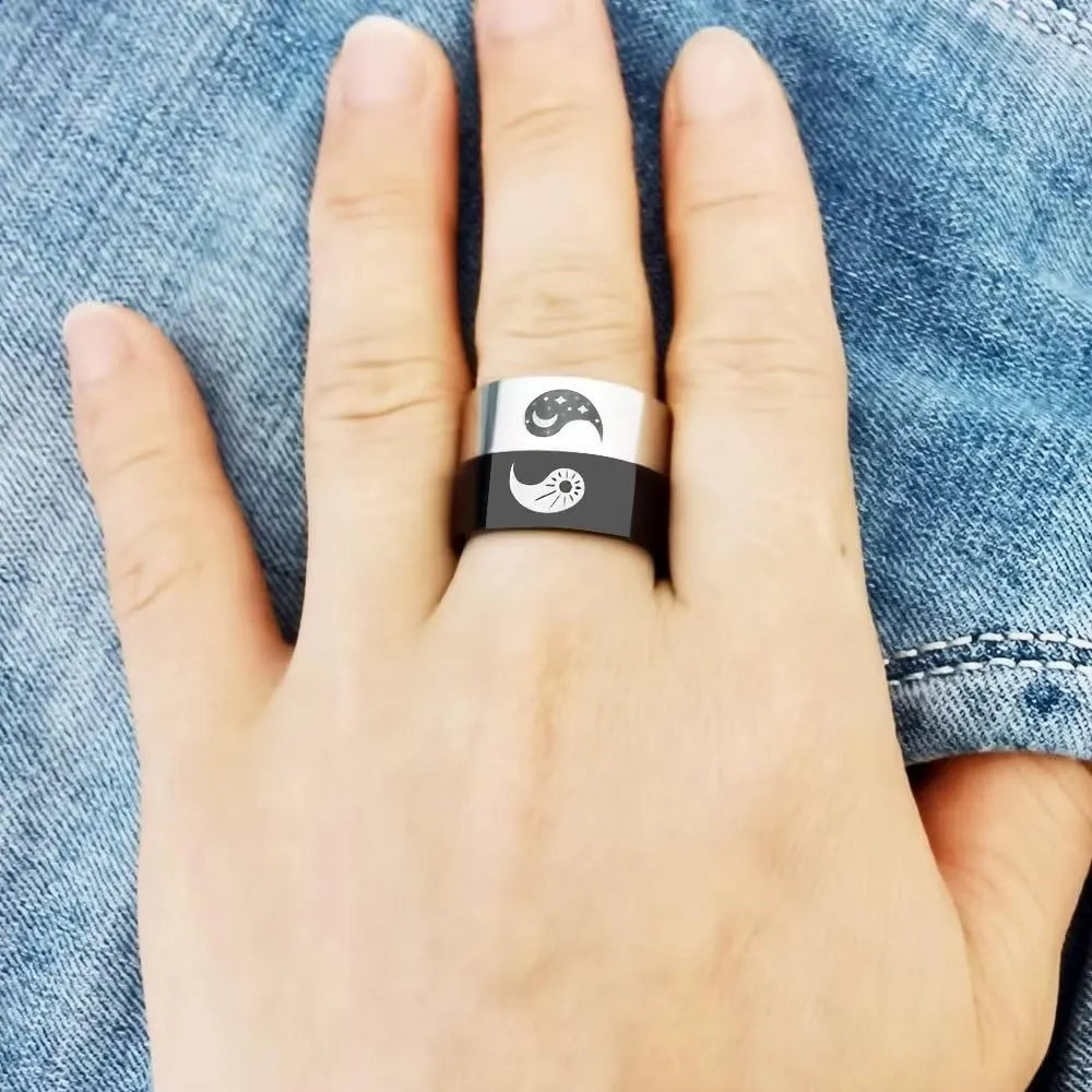 Tai Chi Yin Yang Ba Gua Balance Couple Ring for Him and Her,Sun Moon Star Ring, Anniversary Promise Wedding Bands,Stainless Steel Lovers Ring