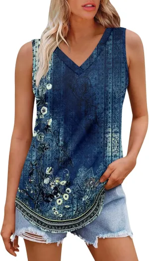 Tank Tops for Women 2025 Loose Fit V Neck Dressy Casual Tops Sleeveless Floral Print Shirts Summer Trendy Tank Tops