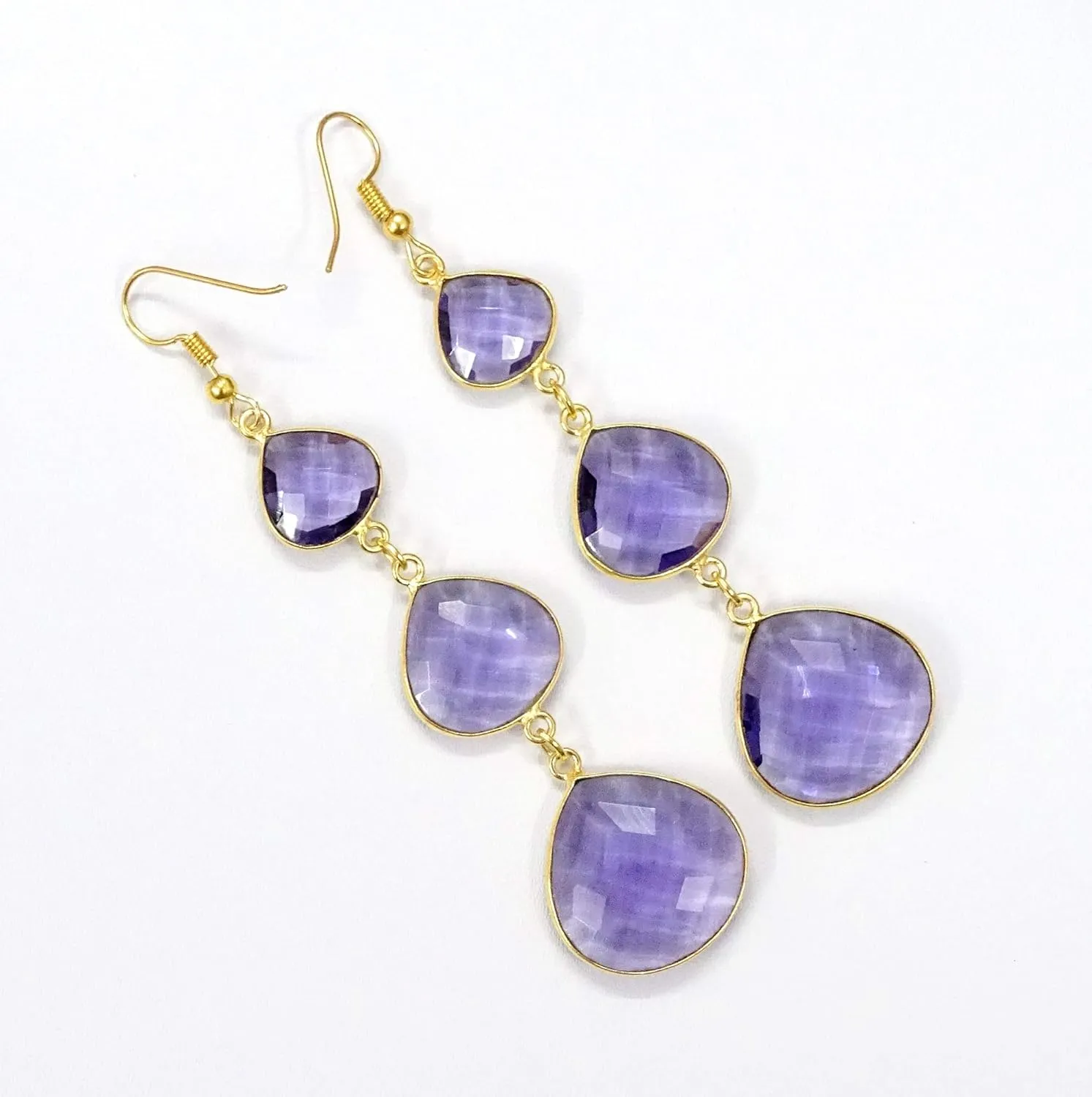 Tanzanite Hydro Bezel Dangle Earrings Faceted Heart Bohemian Long Earrings Gemstone Handmade Jewelry 24k Gold Plated 3.25 Inches for Gift Sale
