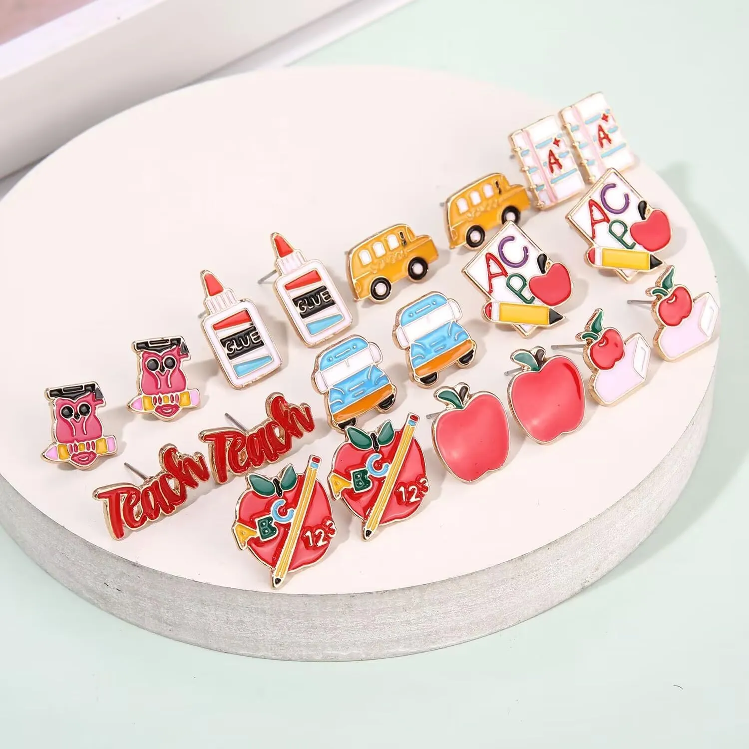 Teacher Earrings Hypoallergenic Cute Small Stud Earrings Funky Apple Books Pencil Teach Owl School Themed Studs Back to School Season Jewelry Teachers Day Appreciation Gifts for Students Teacher