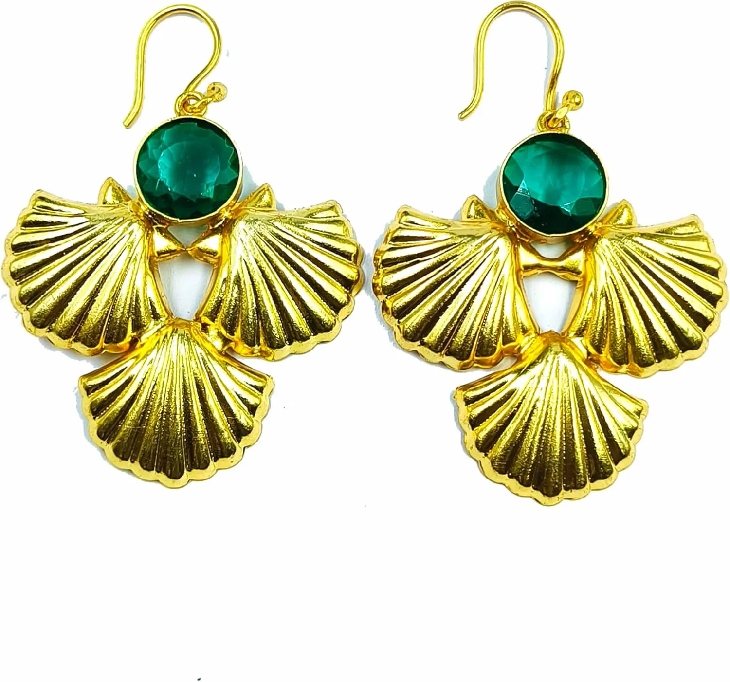 Teal Green Quartz Designer Sea Shell Designer Earrings 59x38mm Real Gold Plated Handmade Dangle Earrings Wedding Earrings Party Wear Earrings Gift For Her.