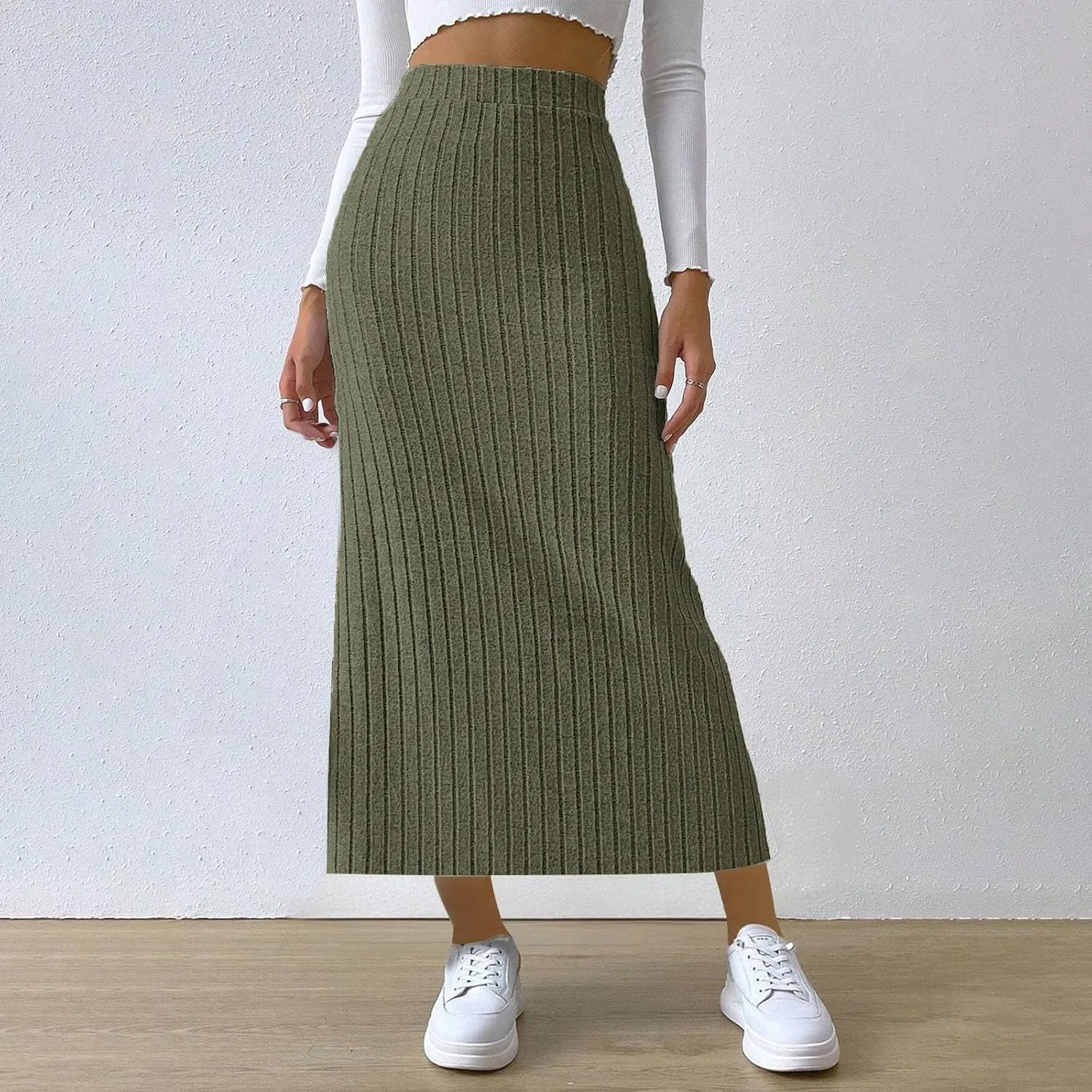 Texture Maxi Skorts for Women Ribbed Knitted Stretch Bodycon High Waist Pencil Skirts Casual Solid Side Split Skirt