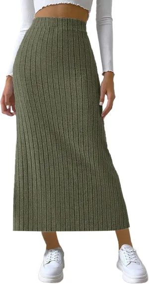 Texture Maxi Skorts for Women Ribbed Knitted Stretch Bodycon High Waist Pencil Skirts Casual Solid Side Split Skirt