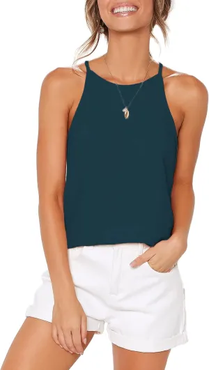 THANTH Womens Halter Tops Sleeveless Summer Strap Tank Tops High Neck Casual Cami Tops Tee