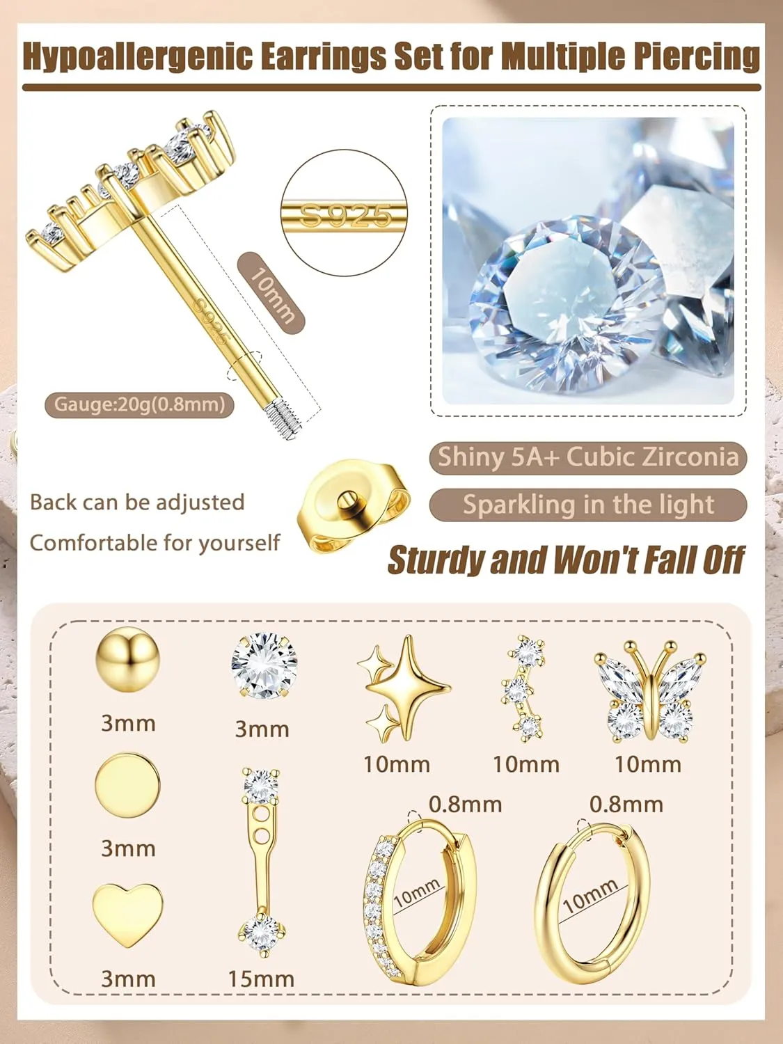 THUNARAZ Sterling Silver Earrings for Women Hypoallergenic Earrings for Multiple Piercing Dainty 14K Gold Plated Stud Hoop Earring Sets Small Silver Earring Stacks Piercing Jewelry