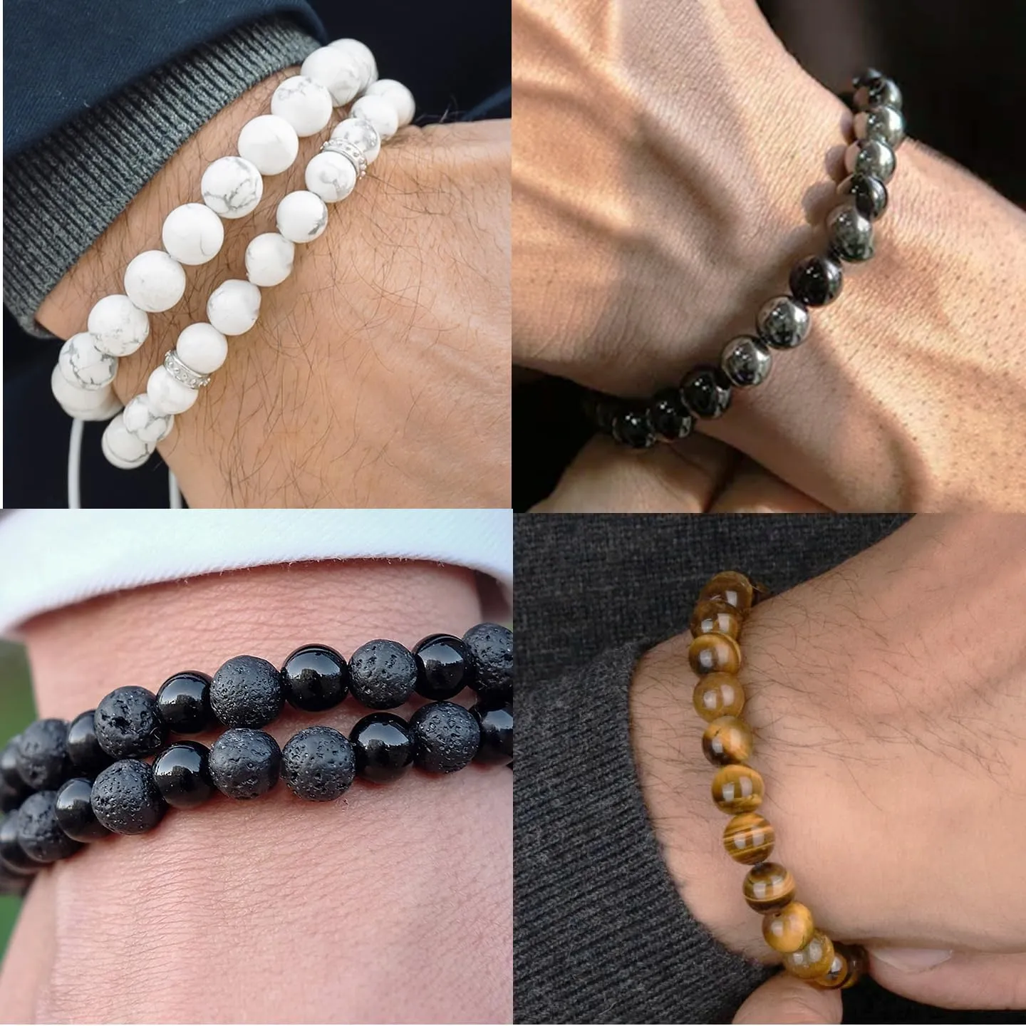 Tiger Eye Beaded Bracelets for Men - Elastic 8MM Natural Stone Bracelet Set Lava Rock Bracelets Gifts for Son Grandson Bonus Son Boyfriend Brother