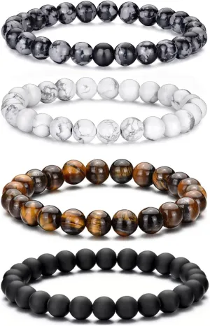 Tiger Eye Beaded Bracelets for Men - Elastic 8MM Natural Stone Bracelet Set Lava Rock Bracelets Gifts for Son Grandson Bonus Son Boyfriend Brother