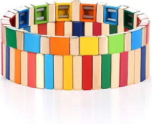 Tile Bracelets Set Rainbow Enamel Tile Bead Stretch Bracelets Colorful Elastic Stackable Strand Bangle Bracelets Handmade Boho Layering Bracelets for Women Men