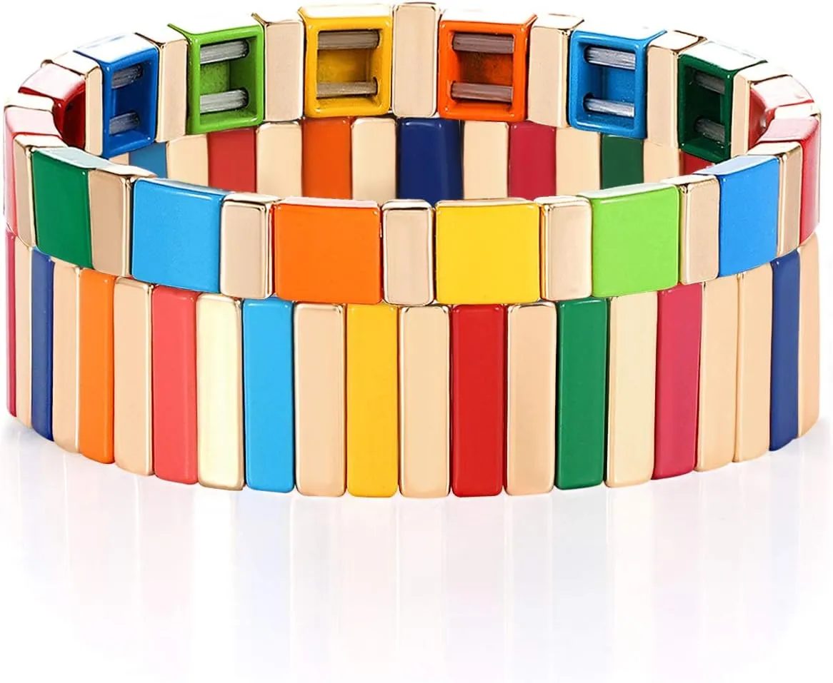 Tile Bracelets Set Rainbow Enamel Tile Bead Stretch Bracelets Colorful Elastic Stackable Strand Bangle Bracelets Handmade Boho Layering Bracelets for Women Men