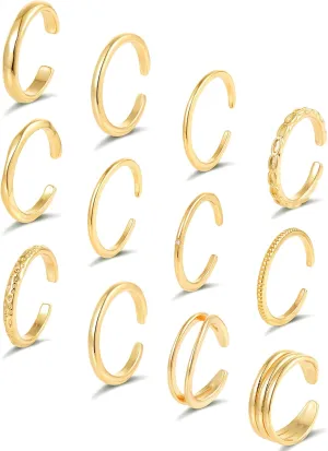 Tornito 12Pcs 18K Gold Filled Toe Rings Minimalist Thin Wire Cubic Zirconia Summer Beach Toe Rings Open Adjustable Foot Jewelry for Women Silver Gold Tone