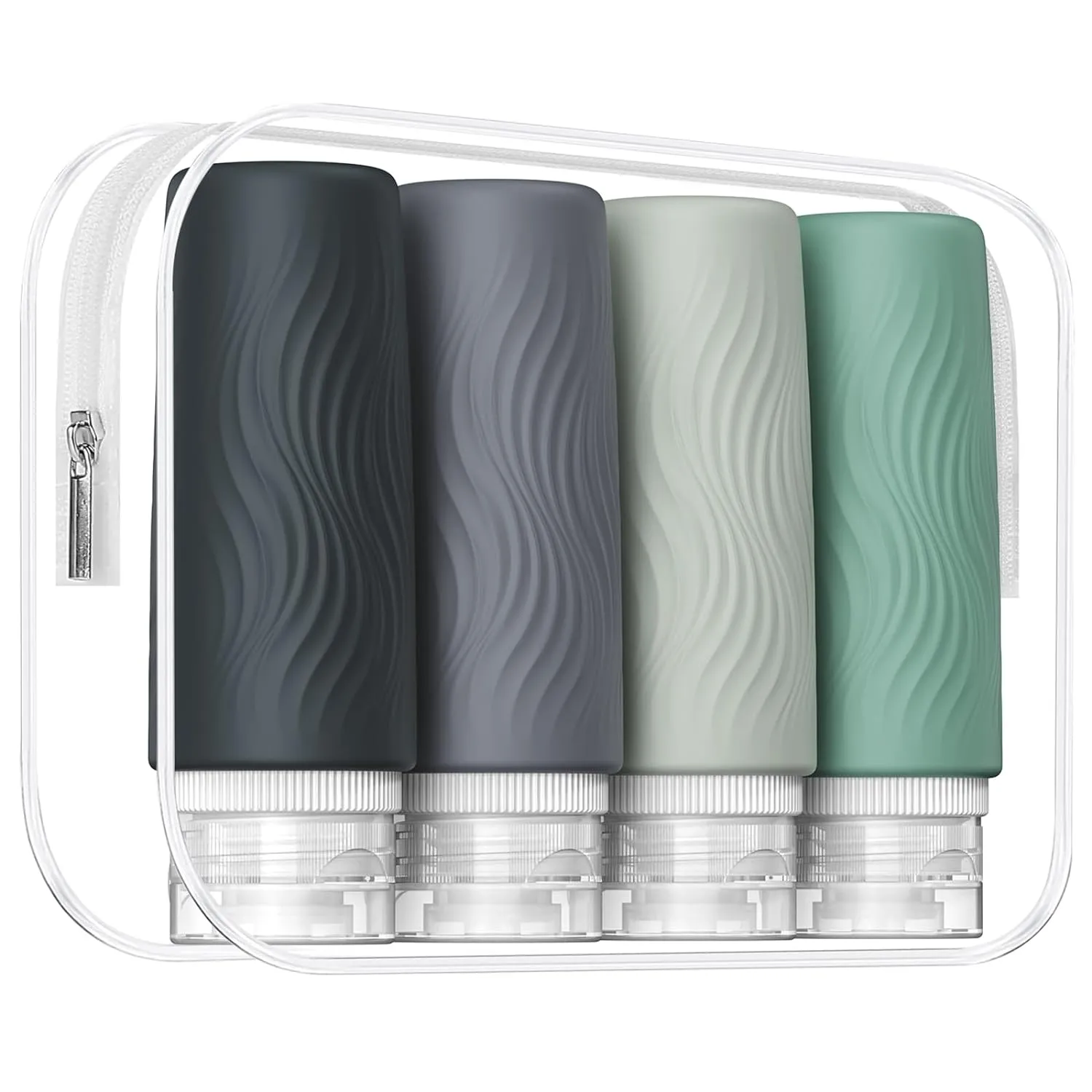 Travel Bottles for Toiletries, TSA -Approved 3oz Portable Bottles, BPA-Free Leak Proof Squeezable Silicone Size Containers, Travel Accessories with Clear Toiletry Bag (4 Pack)