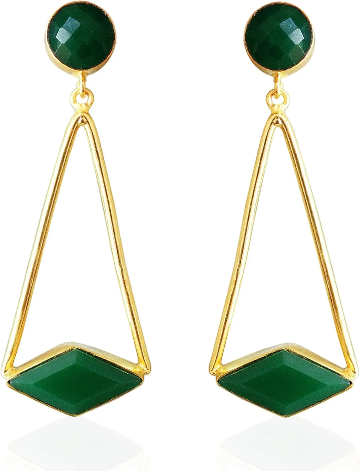 Trendy 18K Shine Gold Plated Faceted Green Onyx May Birthstone Designer Post Dangle Earrings