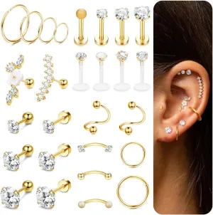 Ubjuliwa 27Pcs 16G Cartilage Earrings Stud Hoop for Women Stainless Steel Forward Helix Piercing Tragus Earrings Conch Piercing Jewelry
