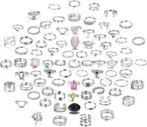 Ubjuliwa 82pcs Gold Silver Knuckle Rings for Women Stackable Mid Finger Joint Ring Set Retro Vintage Boho Rings Aesthetic Stacking Crystal Rings Bulk